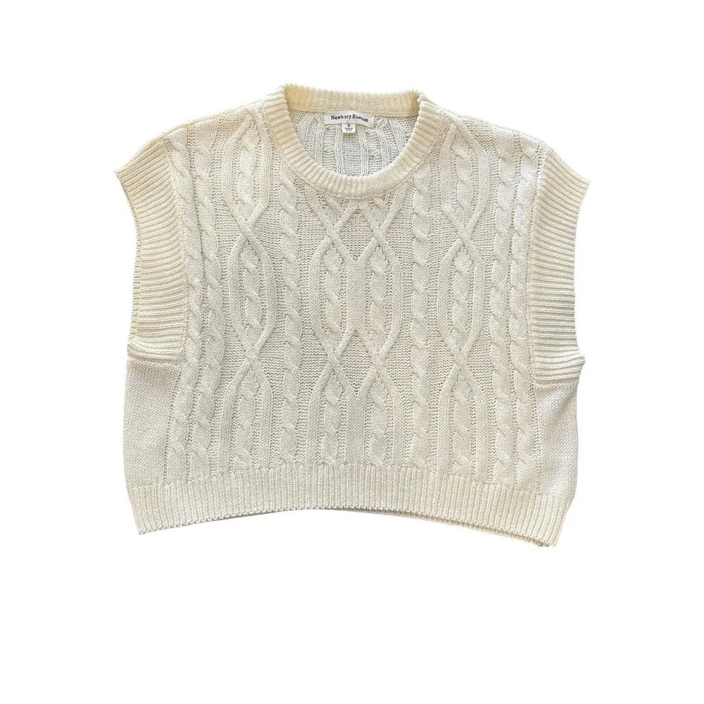 Newbury Kustom Ivory Cable Knit Sweater Vest Women’s S Chunky Cropped Preppy - Picture 2 of 7